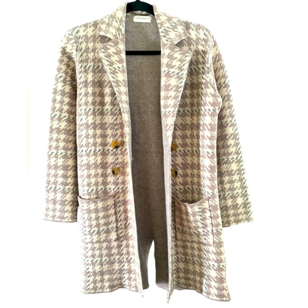 The Nines Brown Cream Houndstooth Open Front Long Cardigan Sweater Coat Size S